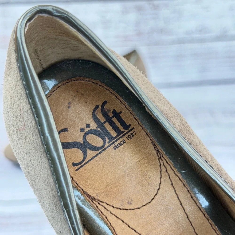Sofft Womens Taupe‎ Suede Mary Jane Heels Metallic Trim Round Toe Pumps Size 8M